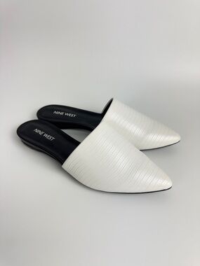 Nine West White Pointed Slip-On Mules with Textured Upper